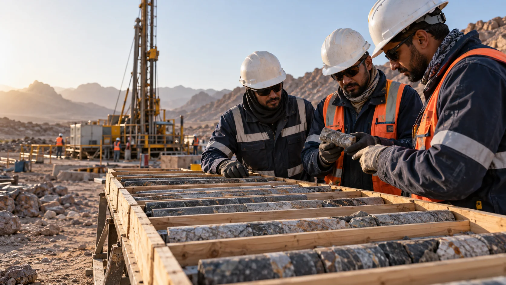 Drilling professionals examining mineral core samples at an exploration site